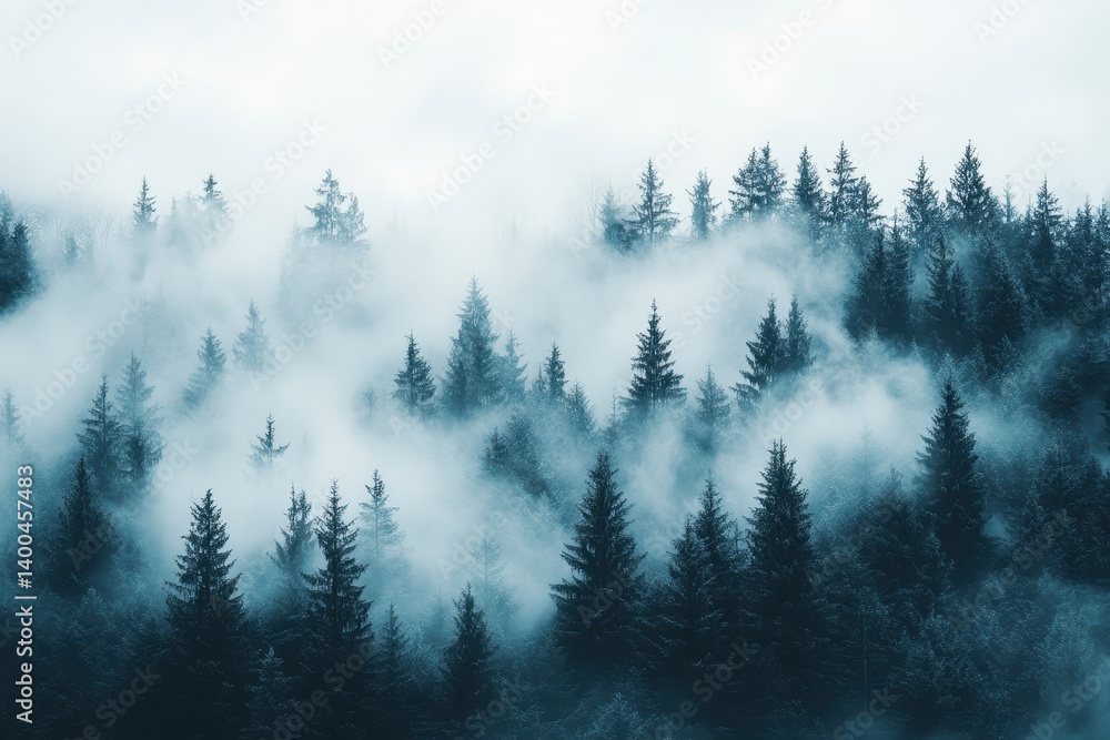 Aufkleber Fog envelops a dense forest with evergreen trees in a tranquil setting during early morning hours