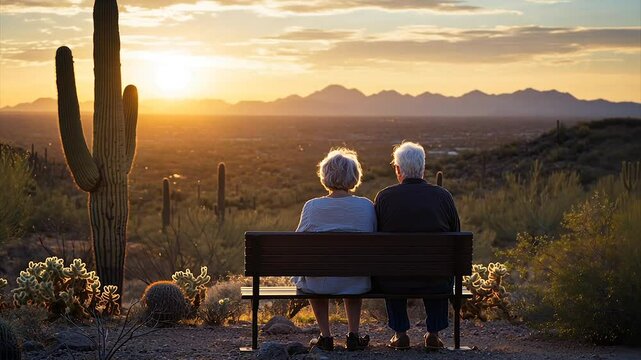 Couple watches sunset from desert bench