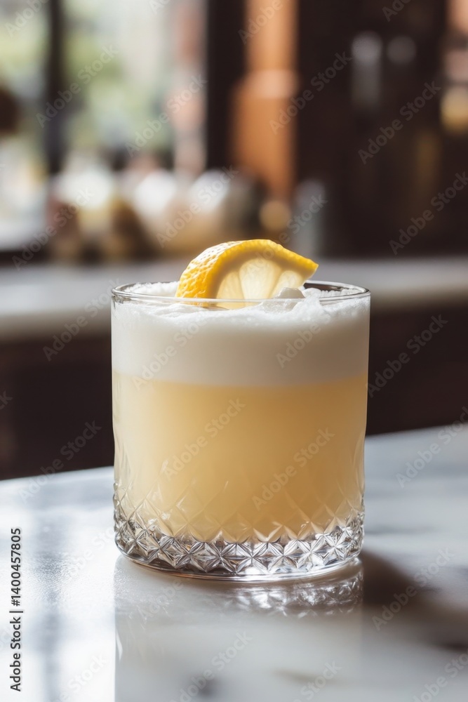 Poster refreshing lemon cocktail in glass with frothy top and lemon slice on marble table in soft light