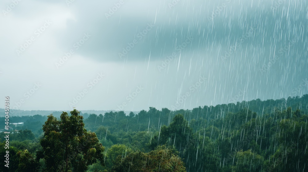 Poster a powerful shower cascades over a vibrant forest clearing, creating sparkling droplets that embody t
