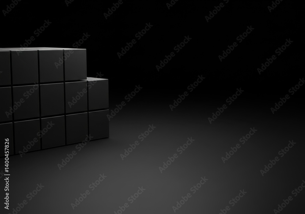 Poster abstract dark minimalist composition of stacked black cubes in a dimly lit setting