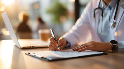 Doctor writing on a form at a desk with a laptop and stethoscope in a bright office setting scene