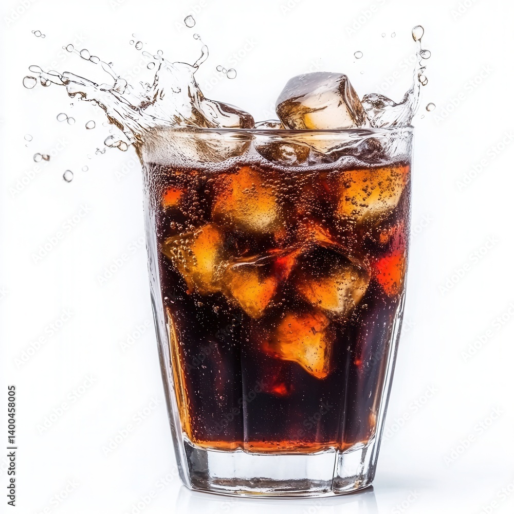 Poster refreshing cola drink with ice cubes splashing in a glass on a white background studio shot perfect 