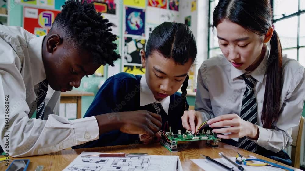 Aufkleber a close-up video captures three students in school uniforms collaborating on a circuit board project