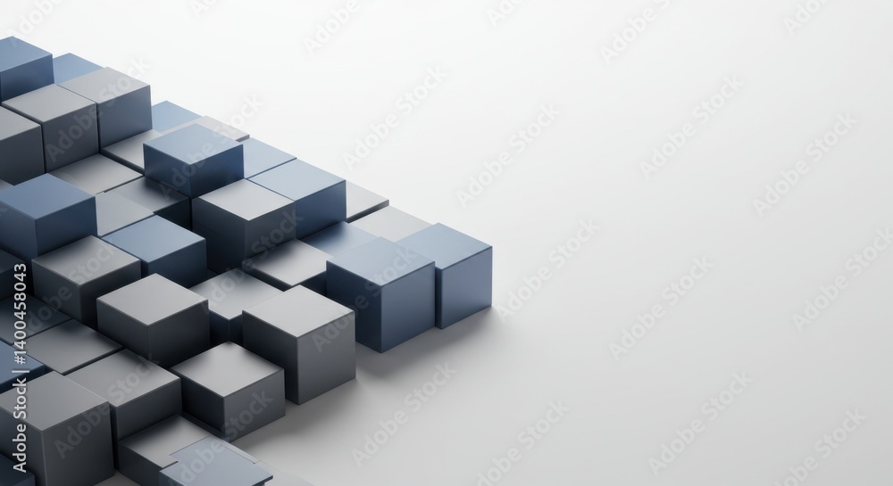 Poster abstract 3d rendering of gray and blue cubes on white background: a minimalist digital art compositi