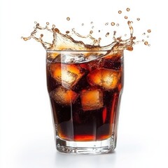 Refreshing cola drink with ice cubes splashing in a clear glass on a clean white background creating a dynamic and inviting beverage scene