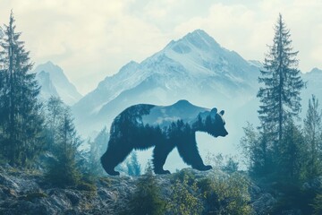 Creative bear walking through pine trees and mountains in double exposure nature art