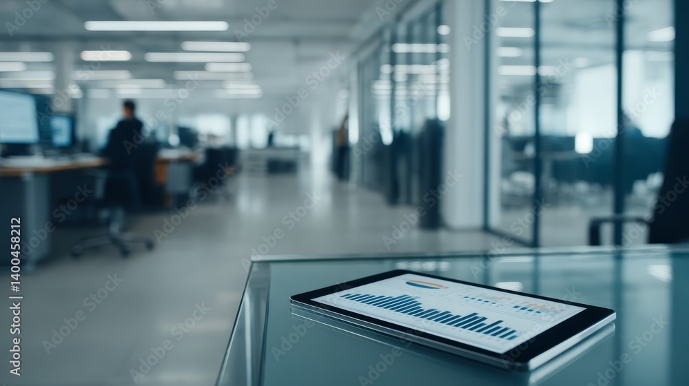 Poster a professional angle captures an open tablet showing charts on a minimalist glass desk in a blurred 