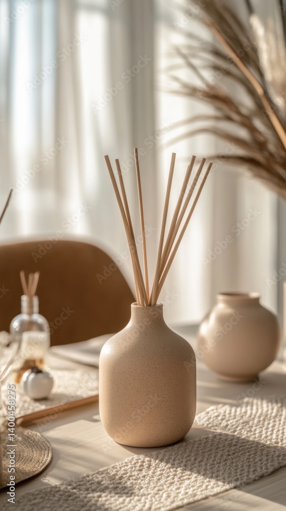 Aufkleber serene home ambiance with aroma diffuser on table with pampas grass and soft light creating a calmin