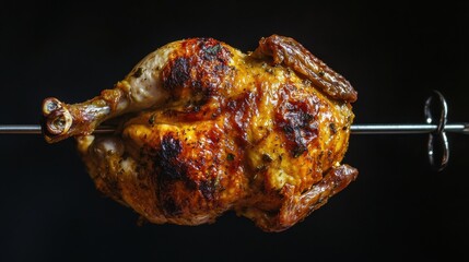 A whole roasted chicken on a rotisserie, presented against a neutral background.