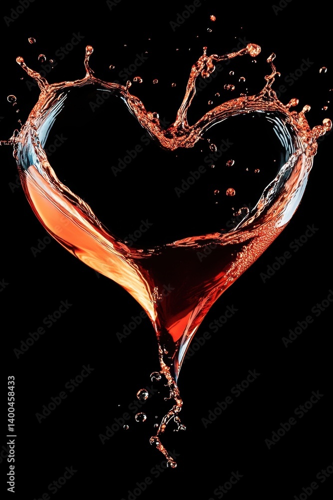 Poster liquid heart shape on black background creating a romantic and passionate mood with dynamic splash a