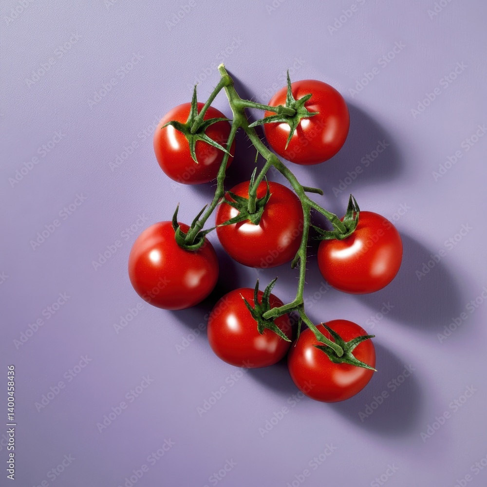 Poster fresh vibrant tomatoes on the vine against a lavender background creating a visually appealing and h