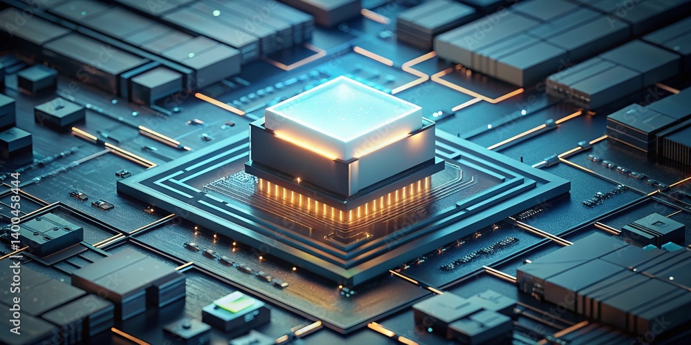 Poster isometric futuristic microchip: quantum computing & data processing technology