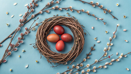 Naklejka premium blue Easter background. Easter willow wreath with red Easter eggs on blue background. Top view, copy space. Greeting card