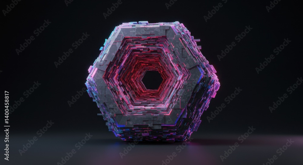 Poster abstract hexagonal structure with neon lights futuristic 3d render