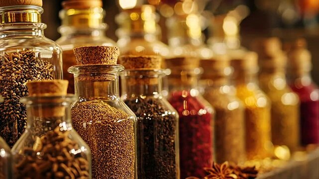 Glass jars filled with various spices and herbs