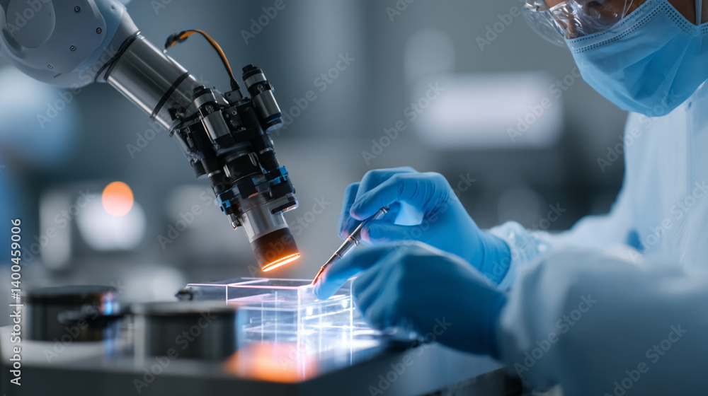 Poster robotic arm assisting scientist with research in laboratory environment with advanced technology