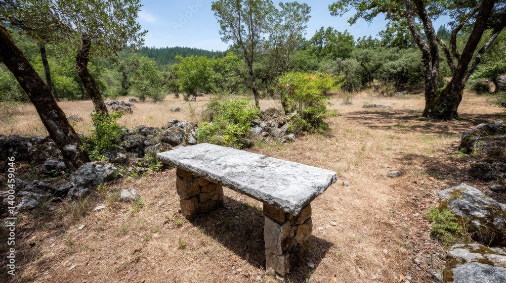 Aufkleber a tranquil meadow features a stone bench surrounded by greenery, with soft sunlight filtering throug