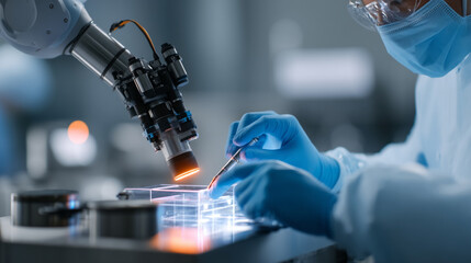 Robotic arm assisting scientist with research in laboratory environment with advanced technology