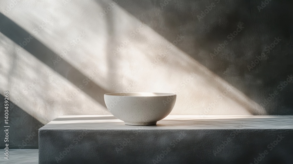 Poster ceramic bowl on a minimalist window sill bathed in afternoon light, highlighting its smooth surface 
