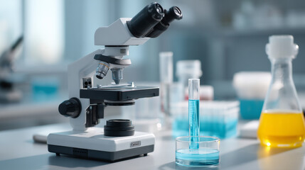 A close up of a microscope with test tubes and beakers in a laboratory setting for scientific research
