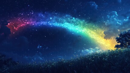 Fototapeta premium Ethereal celestial rainbow stretches across a starry night sky landscape