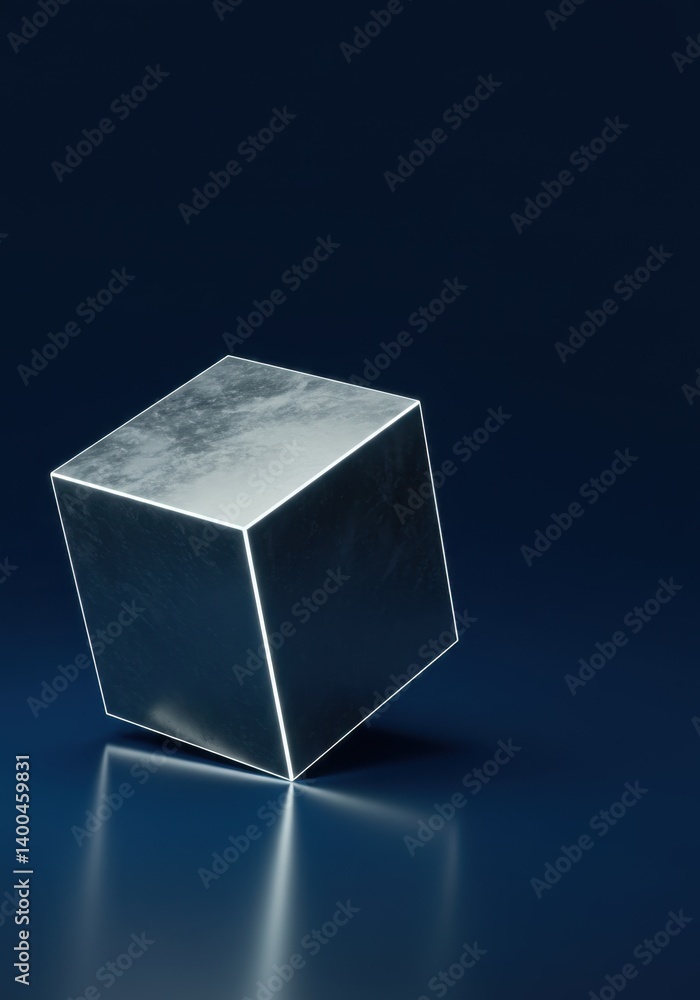 Poster metallic cube reflection on dark blue surface: abstract minimalist 3d render