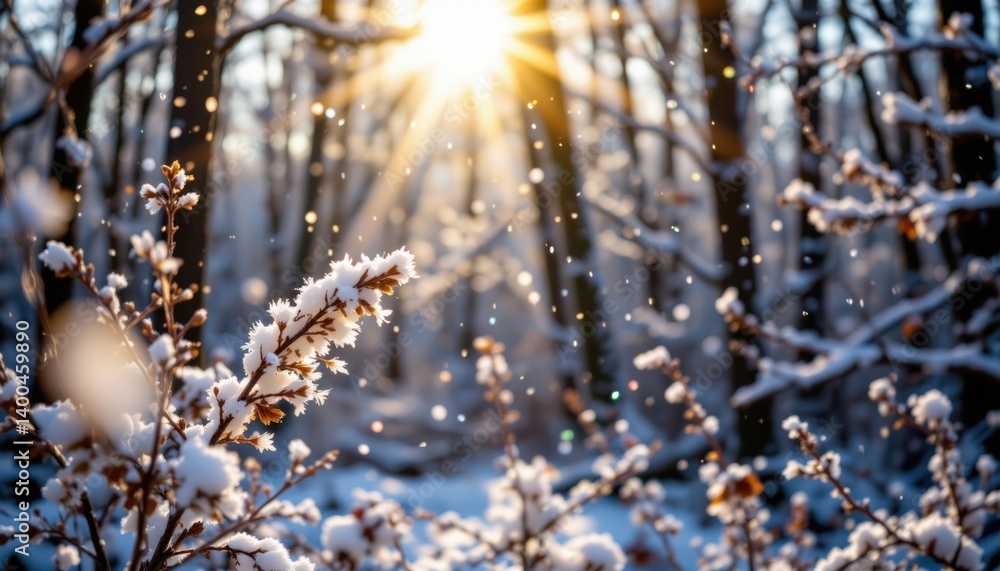 Poster an ethereal image of snowflakes caught in the light, creating a magical atmosphere where the forest 