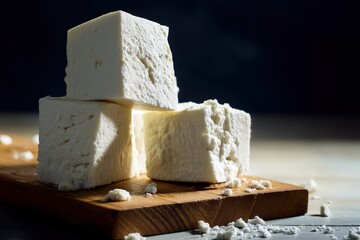 cubes of fresh white cheese stacked on a wooden cutting board, showcasing artisanal and traditional dairy products