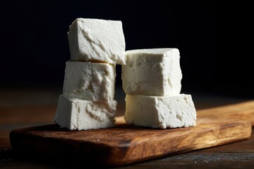 cubes of fresh white cheese stacked on a wooden cutting board, showcasing artisanal and traditional dairy products
