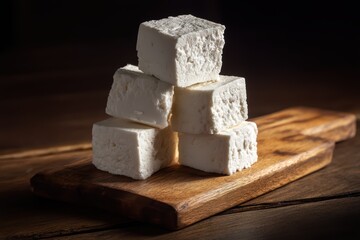 cubes of fresh white cheese stacked on a wooden cutting board, showcasing artisanal and traditional dairy products