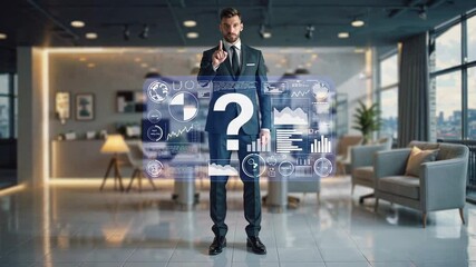 Business executive engaging with holographic question mark, symbolizing strategic decision making and innovative problem solving in modern corporate digital workspace