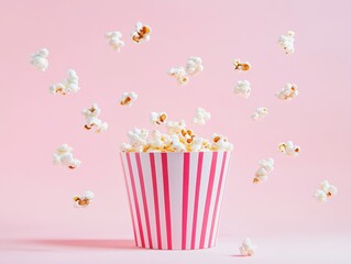Delightful popcorn cascade spilling from striped container against pastel pink backdrop creating playful mood