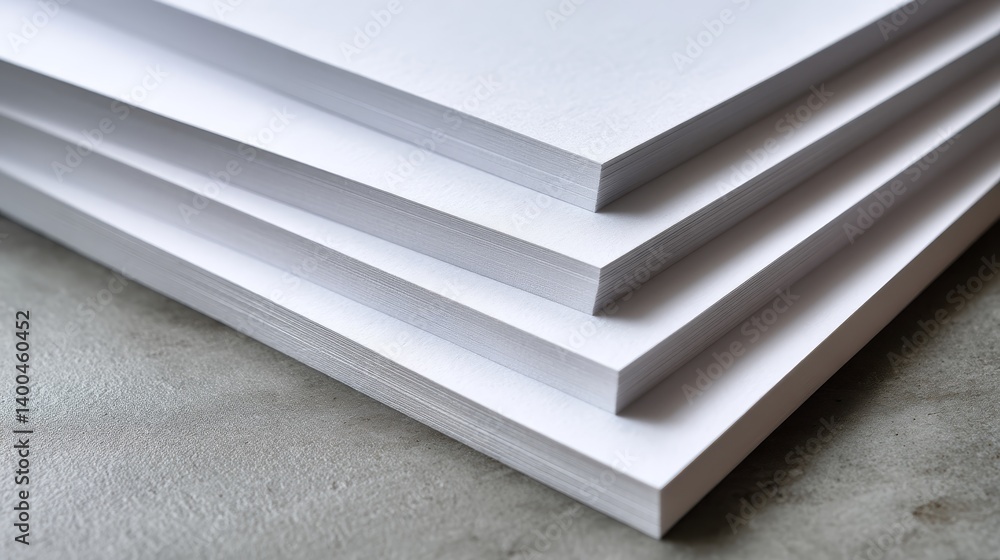 Poster Bright white paper reams are stacked evenly on a clean desk surface, showcasing crisp edges and uniformity, with soft shadows enhancing the composition