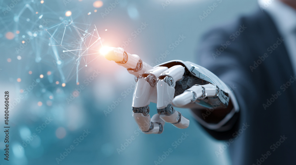 Poster a robotic hand reaching out to touch a digital network with a business suit in the background