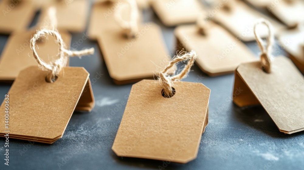 Poster Rustic cardboard tags with natural twine on dark gray surface creating a minimalist and organic visual with soft focus and shallow depth of field
