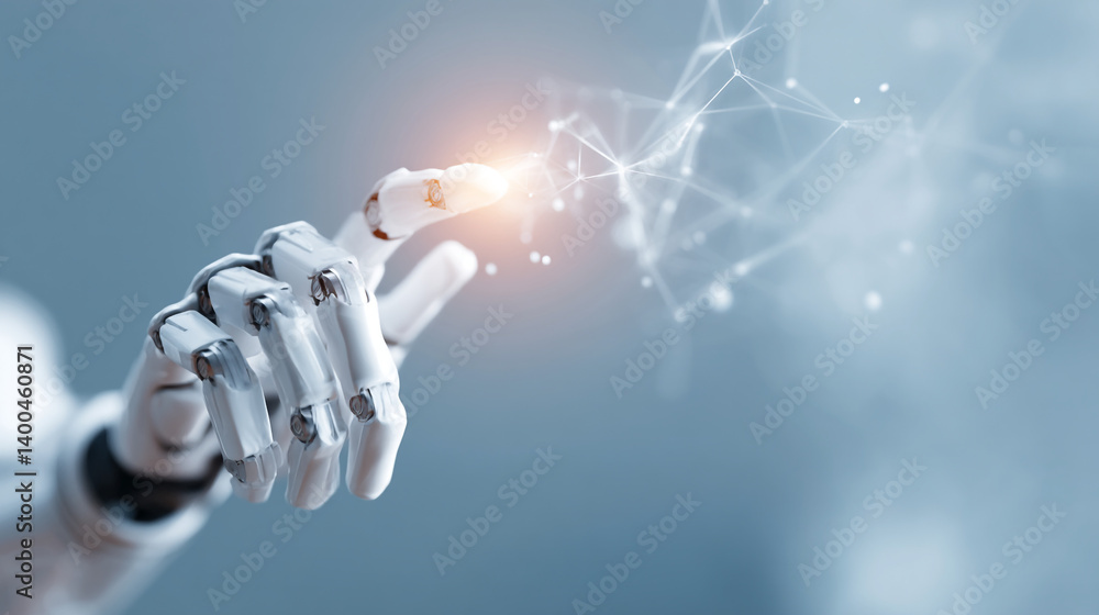 Poster a robotic hand touching a glowing network on a light blue background in a futuristic setting