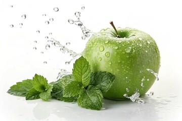 Water splash on fresh green apple with Mint leaves isolated on white background
