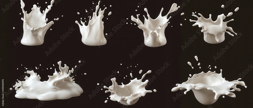 Poster collection of dynamic milk splashes against dark backdrop showcasing fluid motion and creamy texture