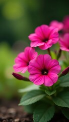 Vibrant pink petunias bloom in a summer garden flowerbed , bright, blooming, floral