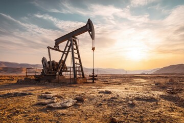 Fototapeta premium Industrial oil pump operating in a desert environment, symbolizing energy extraction and industrial resilience