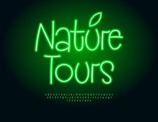 Vector Illuminated template Nature Tours. Green Glowing Font. Creative Neon Alphabet Letters and Numbers set