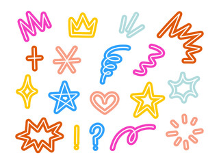 Playful Hand Drawn Cartoon Symbol. A collection of 18 playful hand drawn symbols including squiggles stars hearts arrows bursts and crowns in bold cartoon style with soft outlines and vibrant colors