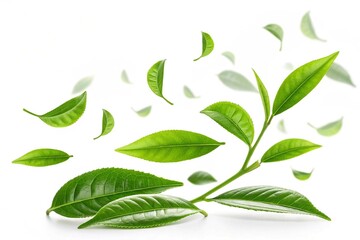 Naklejka premium Green Tea Leaves Falling Gracefully on white background