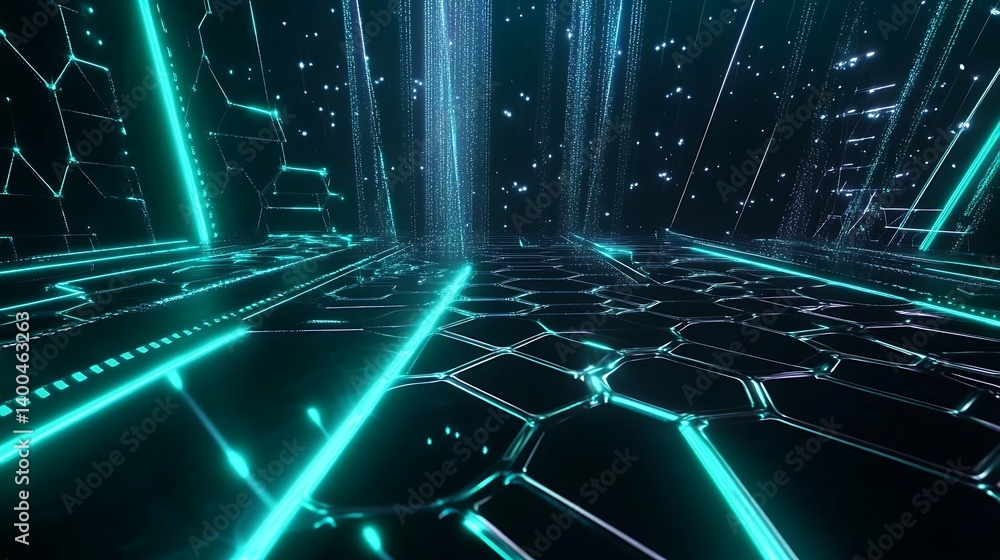 Poster futuristic digital landscape with glowing neon lights and hexagonal patterns, creating a mesmerizing