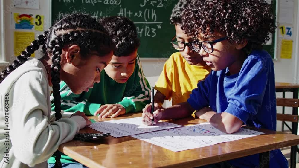 Poster video of diverse students collaborating at a desk in a classroom, shot from a side angle, highlighti