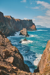 Rocky Coast of Madeira with Powerful Ocean Waves. Nature's raw beauty. Landscapes and endless sea views for adventure, serenity