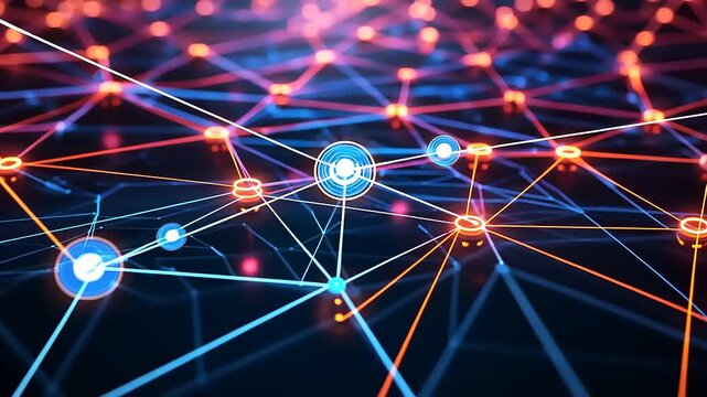 Interconnected nodes glow with orange and blue lights in a complex web-like abstract design