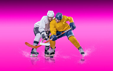 Ice Hockey Players in Action Under Neon Lights. Dynamic pose and intense atmosphere highlight the energy of the sport. Competition, teamwork, modern sports aesthetics..