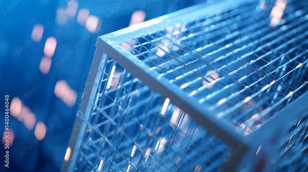 Poster close up of a metal wire cube structure with blue background and blurred light elements around it
